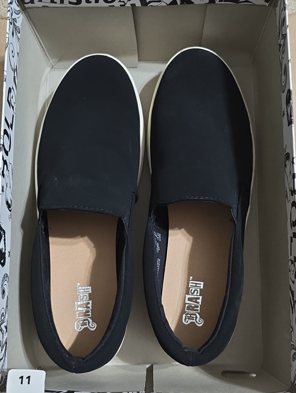 NWT Womens Brash Black Slip-On Sneakers with White Soles Size 11